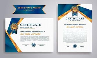 Blue and gold certificate of achievement border template with luxury badge and modern line pattern. For award, education needs. vector