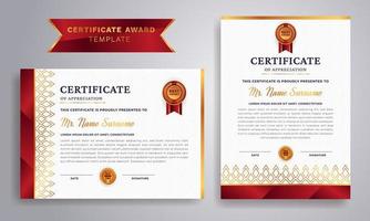 Red and gold certificate of appreciation border template with luxury badge and modern line pattern. For award, business, and education needs. vector