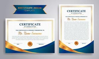 Blue and gold certificate of appreciation border template with luxury badge and modern line pattern. For award, business, and education needs. vector