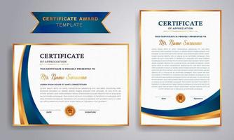 Blue and gold certificate with badge and border vector A4 template. For award, Diploma certificate template and blue line style with gold badges, education needs.