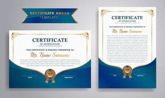 Blue and gold certificate of appreciation border template with luxury badge and modern line pattern. For award, business, and education needs. Diploma certificate of appreciation award Template. vector