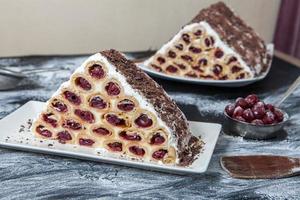 A traditional Moldavian dessert or cake consisting of pancakes with cherry, milk creme and chocolate creme also called Cosma lui Guguta. photo