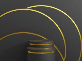 Minimal black scene with golden lines. Cylindrical gold and black podium on a black background. 3D stage for displaying a cosmetic product. 3d rendering. photo