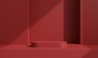 Pedestal of platform display with modern stand podium on red room background. Blank Exhibition stage backdrop or empty product presentation. christmas background. 3D rendering. photo