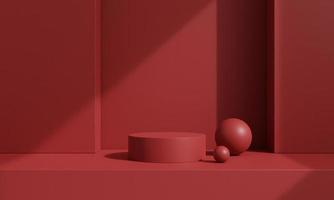 Pedestal of platform display with modern stand podium on red room background. Blank Exhibition stage backdrop or empty product presentation. christmas background. 3D rendering. photo