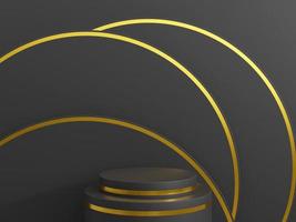 Minimal black scene with golden lines. Cylindrical gold and black podium on a black background. 3D stage for displaying a cosmetic product. 3d rendering. photo