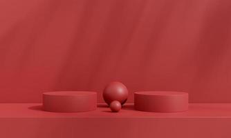 Pedestal of platform display with modern stand podium on red room background. Blank Exhibition stage backdrop or empty product presentation. christmas background. 3D rendering. photo