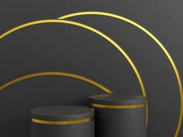 Minimal black scene with golden lines. Cylindrical gold and black podium on a black background. 3D stage for displaying a cosmetic product. 3d rendering. photo