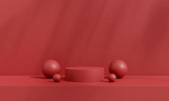 Pedestal of platform display with modern stand podium on red room background. Blank Exhibition stage backdrop or empty product presentation. christmas background. 3D rendering. photo