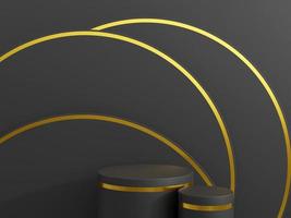 Minimal black scene with golden lines. Cylindrical gold and black podium on a black background. 3D stage for displaying a cosmetic product. 3d rendering. photo