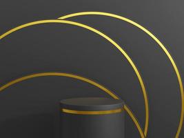 Minimal black scene with golden lines. Cylindrical gold and black podium on a black background. 3D stage for displaying a cosmetic product. 3d rendering. photo