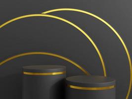 Minimal black scene with golden lines. Cylindrical gold and black podium on a black background. 3D stage for displaying a cosmetic product. 3d rendering. photo
