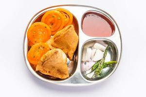 Veg Samosa with Jalebi, snack combination also called imarti and Sambusa, samusa photo