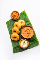 Sambar Vada or Medu vadai with sambhar and chutney - Popular South Indian snack or breakfast photo