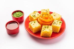 Khaman Dhokla with Jalebi or imarti, popular snack combination from India photo