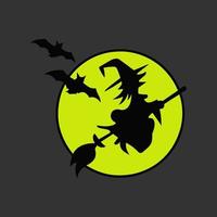 Halloween witch on the broom with bat flat style vector illustration design isolated on black background