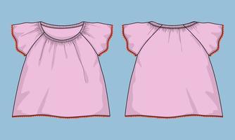 Plantilla de ilustración de vector de dibujo plano técnico de diseño de vestido de niñas. prendas de vestir se burlan de las vistas delantera y trasera aisladas en fondo gris. dibujo de arte vectorial de moda para niños fácil de editar.