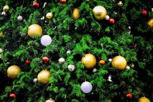 Background for Christmas season. Close-up shot of a beautiful decorated fir tree. photo