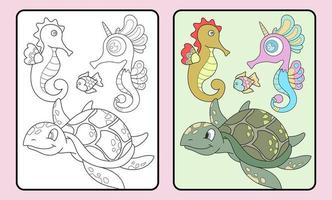 learn to color turtle and seahorse for kids and elementary school. vector