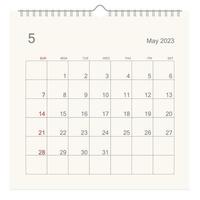 página de calendario de mayo de 2023 sobre fondo blanco. fondo de calendario para recordatorio, planificación de negocios, reunión de citas y eventos. la semana comienza desde el domingo. vector. vector