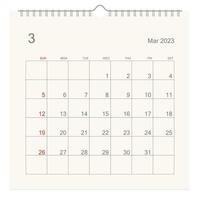 marzo de 2023 página del calendario sobre fondo blanco. fondo de calendario para recordatorio, planificación de negocios, reunión de citas y eventos. la semana comienza desde el domingo. vector. vector