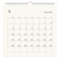 September 2023 calendar page on white background. Calendar background for reminder, business planning, appointment meeting and event. Week starts from Sunday. Vector. vector