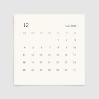 December 2022 calendar page on white background. Calendar background for reminder, business planning, appointment meeting and event. Week starts from Sunday. Vector. vector