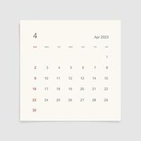 página de calendario de abril de 2023 sobre fondo blanco. fondo de calendario para recordatorio, planificación de negocios, reunión de citas y eventos. la semana comienza desde el domingo. vector. vector