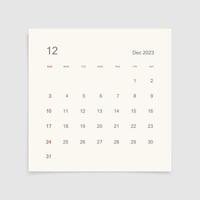 December 2023 calendar page on white background. Calendar background for reminder, business planning, appointment meeting and event. Week starts from Sunday. Vector. vector