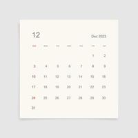 página del calendario de diciembre de 2023 sobre fondo blanco. fondo de calendario para recordatorio, planificación de negocios, reunión de citas y eventos. la semana comienza desde el domingo. vector. vector