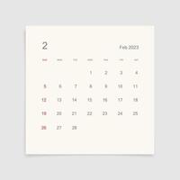 página de calendario de febrero de 2023 sobre fondo blanco. fondo de calendario para recordatorio, planificación de negocios, reunión de citas y eventos. la semana comienza desde el domingo. vector. vector