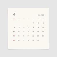 página del calendario de junio de 2023 sobre fondo blanco. fondo de calendario para recordatorio, planificación de negocios, reunión de citas y eventos. la semana comienza desde el domingo. vector. vector