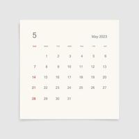 página de calendario de mayo de 2023 sobre fondo blanco. fondo de calendario para recordatorio, planificación de negocios, reunión de citas y eventos. la semana comienza desde el domingo. vector. vector