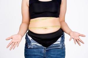 Woman measuring belly fat with tape measure on white background. Obesity concept. photo