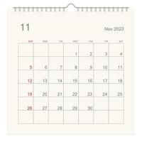 November 2023 calendar page on white background. Calendar background for reminder, business planning, appointment meeting and event. Week starts from Sunday. Vector. vector