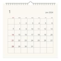 January 2024 calendar page on white background. Calendar background for reminder, business planning, appointment meeting and event. Week starts from Sunday. Vector. vector