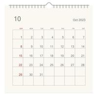 página del calendario de octubre de 2023 sobre fondo blanco. fondo de calendario para recordatorio, planificación de negocios, reunión de citas y eventos. la semana comienza desde el domingo. vector. vector