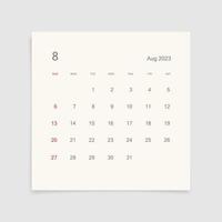 página del calendario de agosto de 2023 sobre fondo blanco. fondo de calendario para recordatorio, planificación de negocios, reunión de citas y eventos. la semana comienza desde el domingo. vector. vector