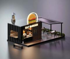 Isometric view minimal burger restaurant container store exterior architecture, 3d rendering digital art. photo