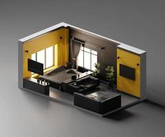 sala de estar con vista isométrica abierta dentro de la arquitectura interior, arte digital de renderizado 3d. foto