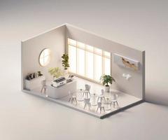 Isometric view minimal cafe store open inside interior architecture, 3d rendering digital art. photo