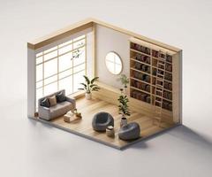 Isometric view living room muji style open inside interior architecture, 3d rendering digital art. photo