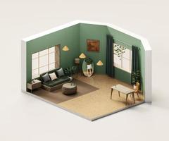 Isometric view living room muji style open inside interior architecture, 3d rendering digital art. photo