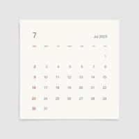 página del calendario de julio de 2023 sobre fondo blanco. fondo de calendario para recordatorio, planificación de negocios, reunión de citas y eventos. la semana comienza desde el domingo. vector. vector