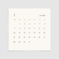 January 2024 calendar page on white background. Calendar background for reminder, business planning, appointment meeting and event. Week starts from Sunday. Vector. vector