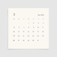 March 2023 calendar page on white background. Calendar background for reminder, business planning, appointment meeting and event. Week starts from Sunday. Vector. vector