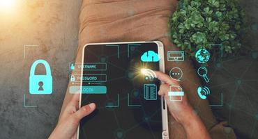 Cybersecurity Concept Global network security technology,  protect personal information. Encryption with a key icon on the virtual interface. photo