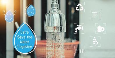 Concept Water saving. Water drop icon and message help save water for the future. Water is life, the source of everything around us. photo