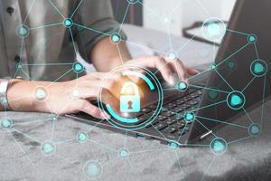 Data protection privacy concept. GDPR. Cyber security network. Hand touch black tablet with digital hologram lock, padlock sign. Innovative, and global network connection, photo