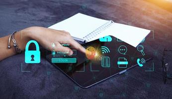 Cybersecurity Concept Global network security technology,  protect personal information. Encryption with a key icon on the virtual interface. photo